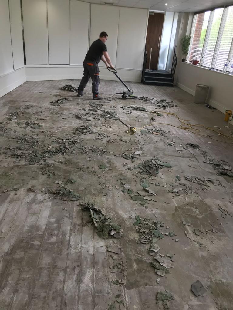 Safe disposal of old floor covering in health club in Chertsey